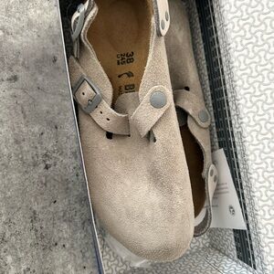 Birkenstock Taupe Suede Clog Sandals with Adjustable Strap
